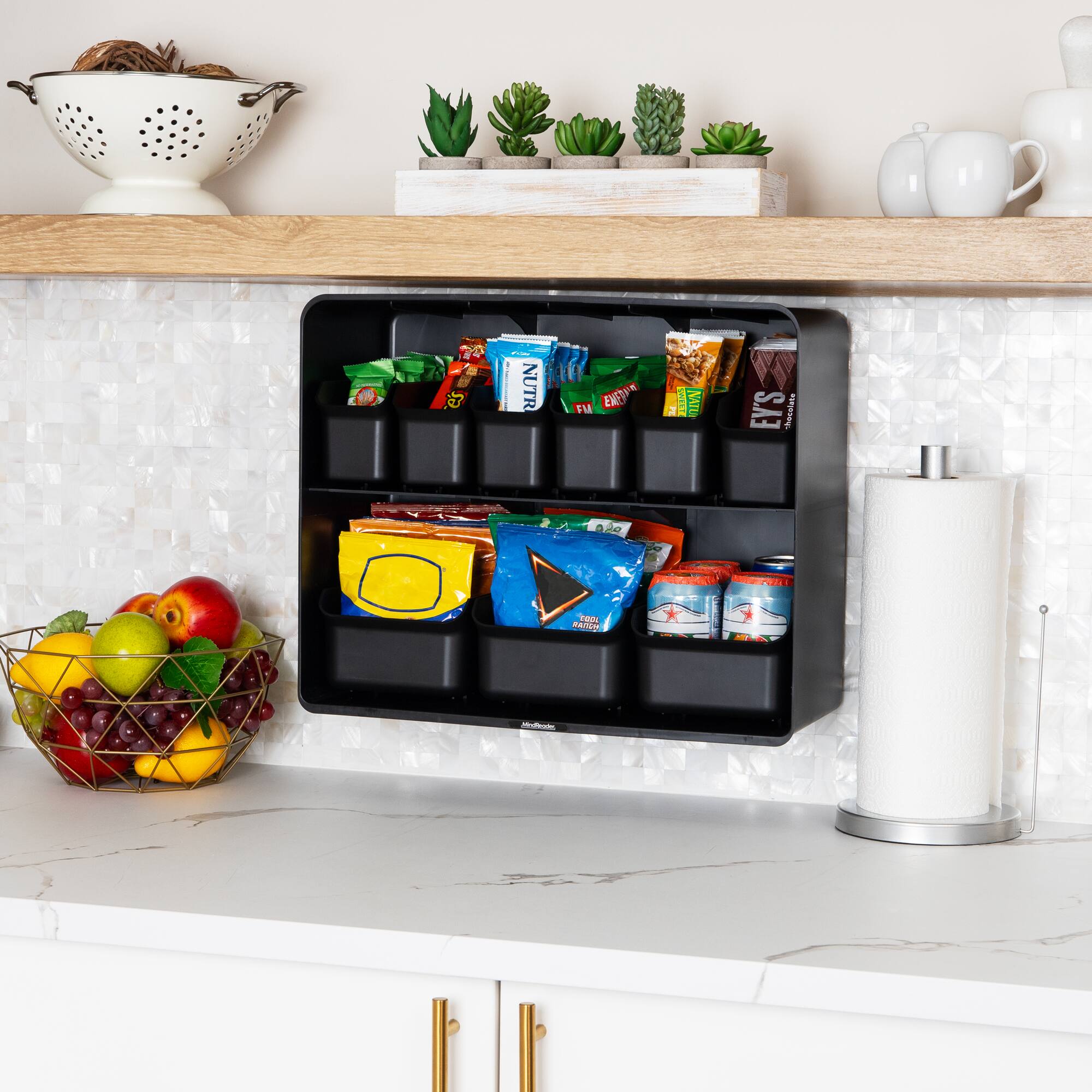 Mind Reader 18" x 7" x 14" Black Two-Tier Countertop Snack Organizer with Removable Bins